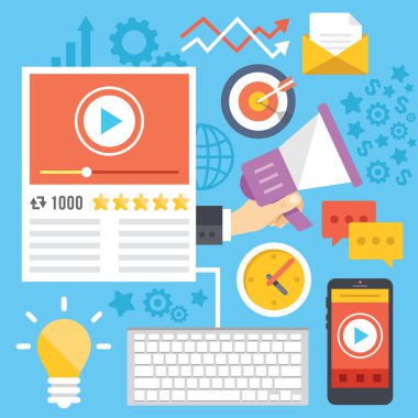 Pazarlama, pazarlama, medya video dijital pazarlama düz illüstrasyon kavramlar