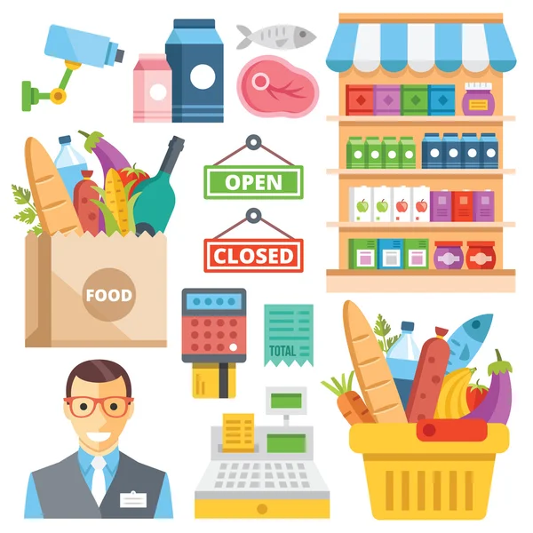 Süpermarket ekipmanları, gıda ürün çeşitliliği, gıda perakende düz Icons set