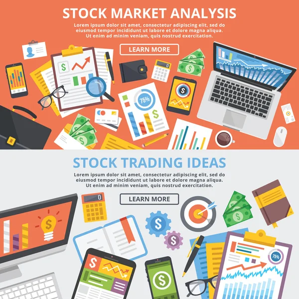 Stock market analytics, aandelenhandel ideeën vlakke afbeelding concept set — Stockvector