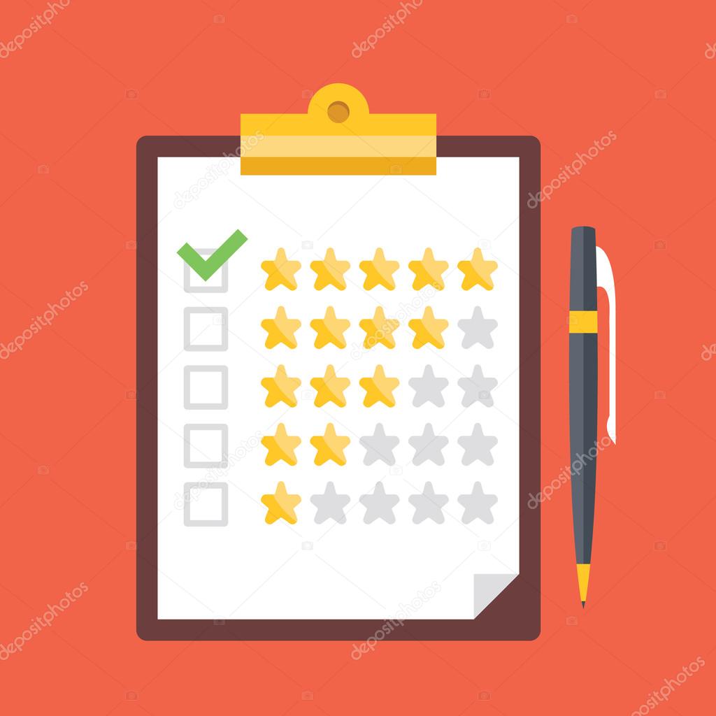 Clipboard with rating stars and pen. Quality control, customers reviews, service rating concepts