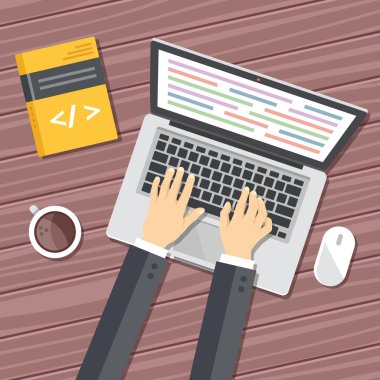 Programlama düz illüstrasyon kavramı. Üstten Görünüm