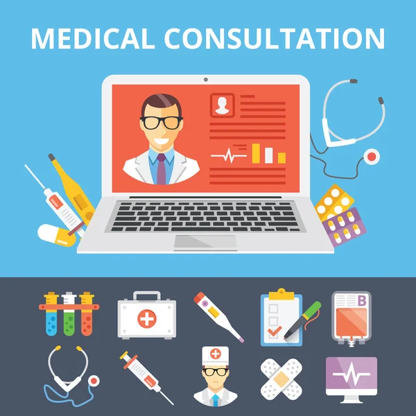 Consulta médica ilustración plana y conjunto de iconos médicos planos — Vector de stock