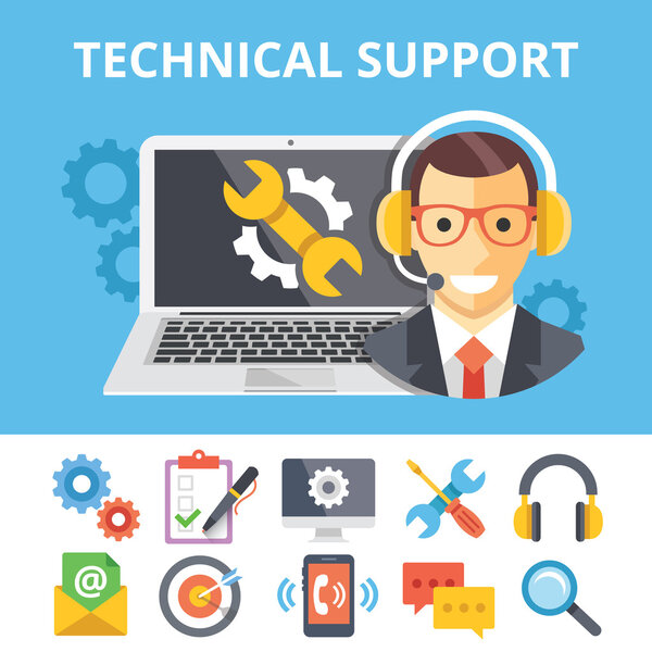 Technical support flat illustration and flat technical support icons set