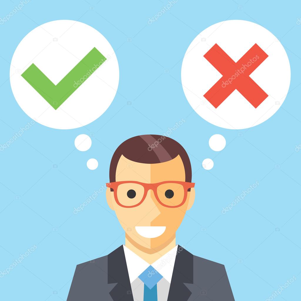 Man and speech bubbles with checkmarks flat illustration. Decision making concept