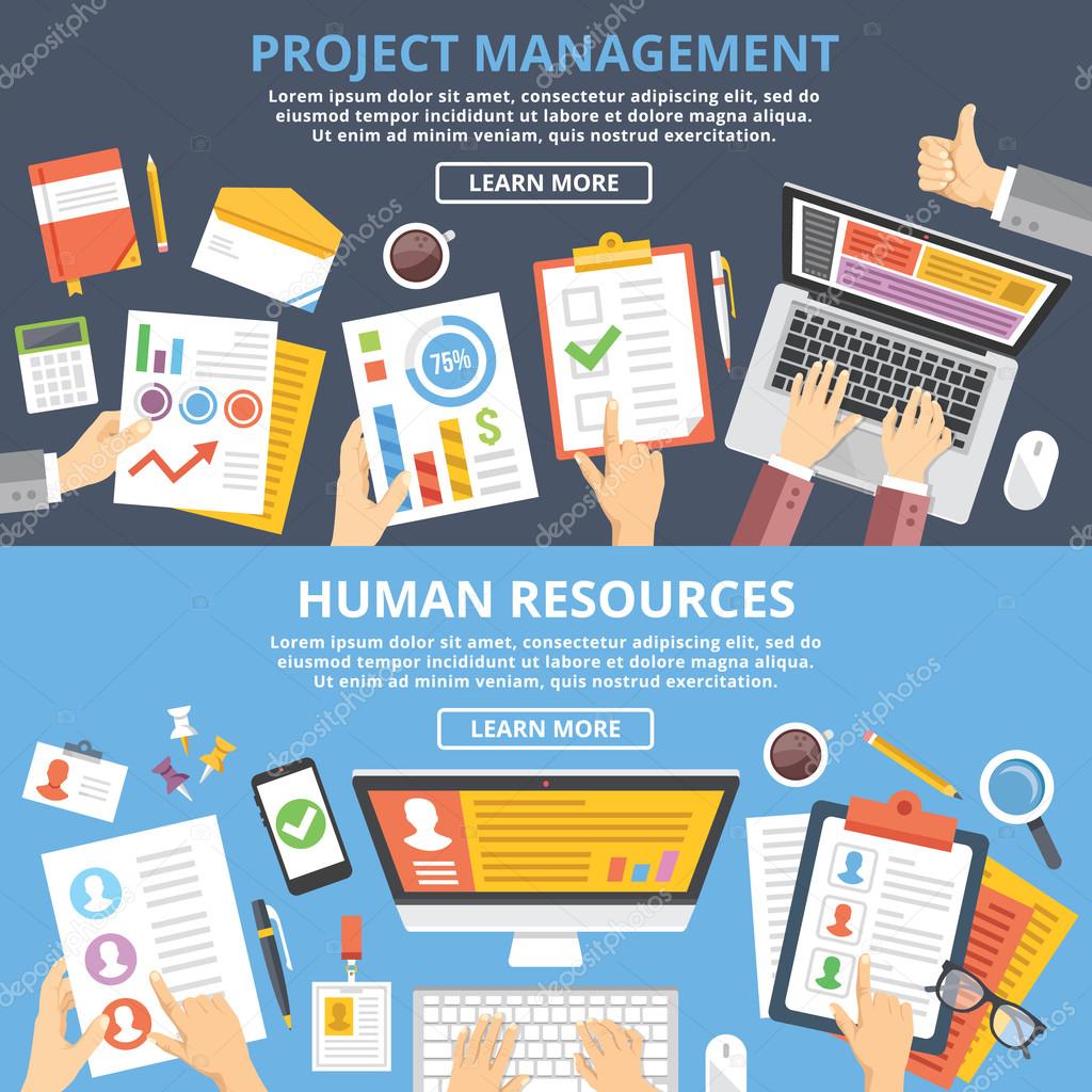 Project management, human resources flat illustration concepts set. Top view