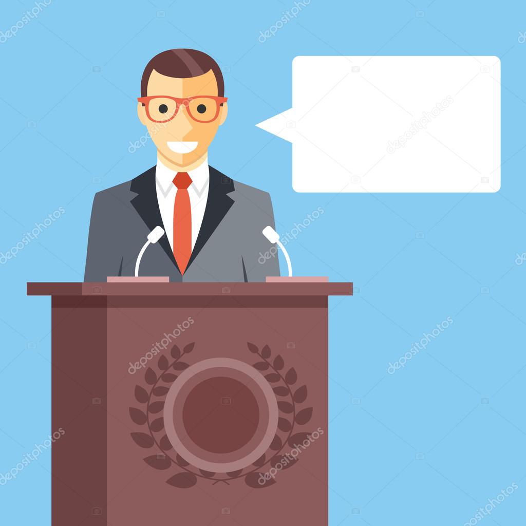 Speaker at rostrum with speech bubble. Creative vector illustration