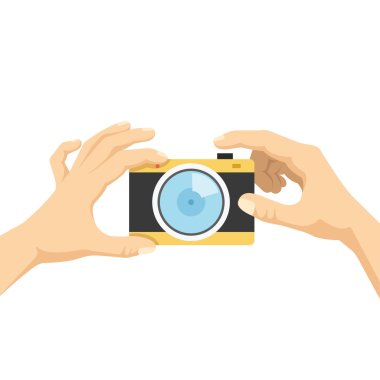 Fotoğraf makinesi ve çekici fotoğraf, selfie düz illüstrasyon kavramı-Tamam