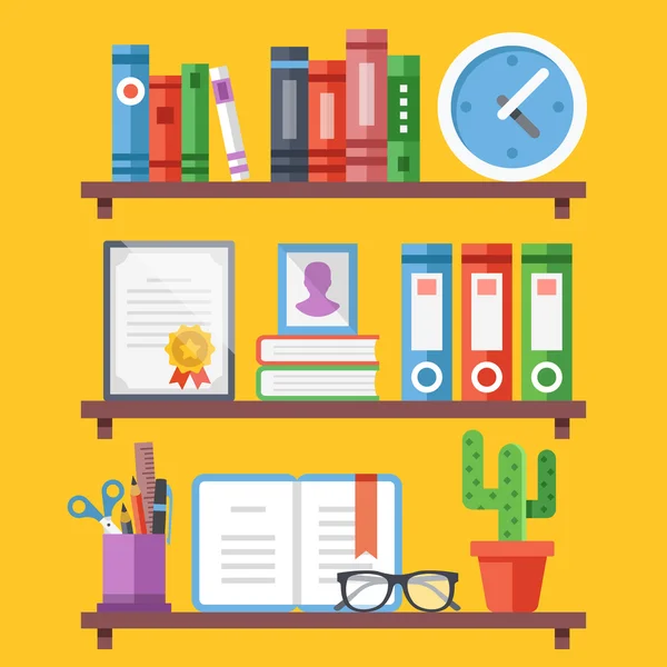 Könyvespolcok és különböző tárgyakat. Könyvespolcok-szobában könyvek lapos illusztráció — Stock Vector