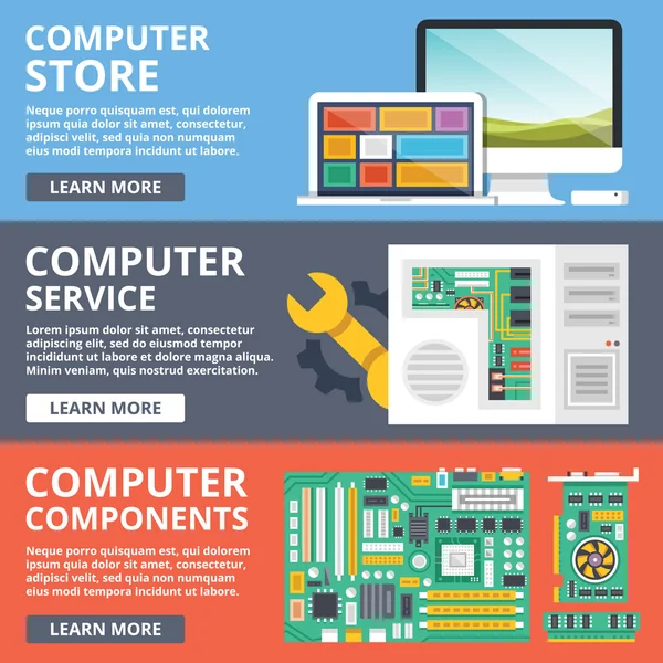 Loja de computadores, serviço de computador, componentes de computador, peças de ilustração plana — Vetor de Stock