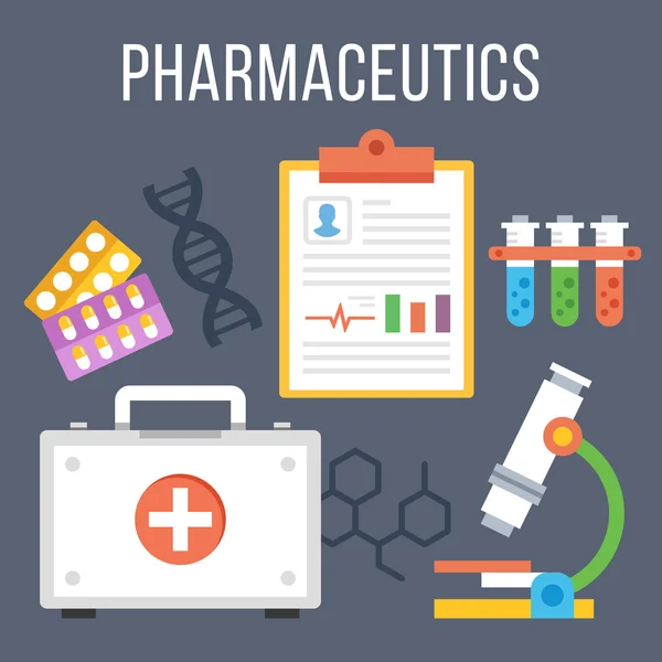 Farmacéutica, concepto de ilustración plana de investigación tecnológica moderna — Archivo Imágenes Vectoriales