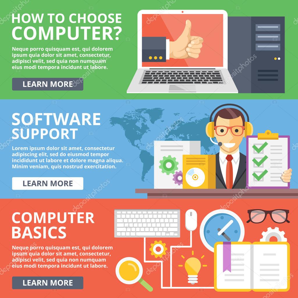 How to choose computer, software support, computer basics flat illustration concepts set