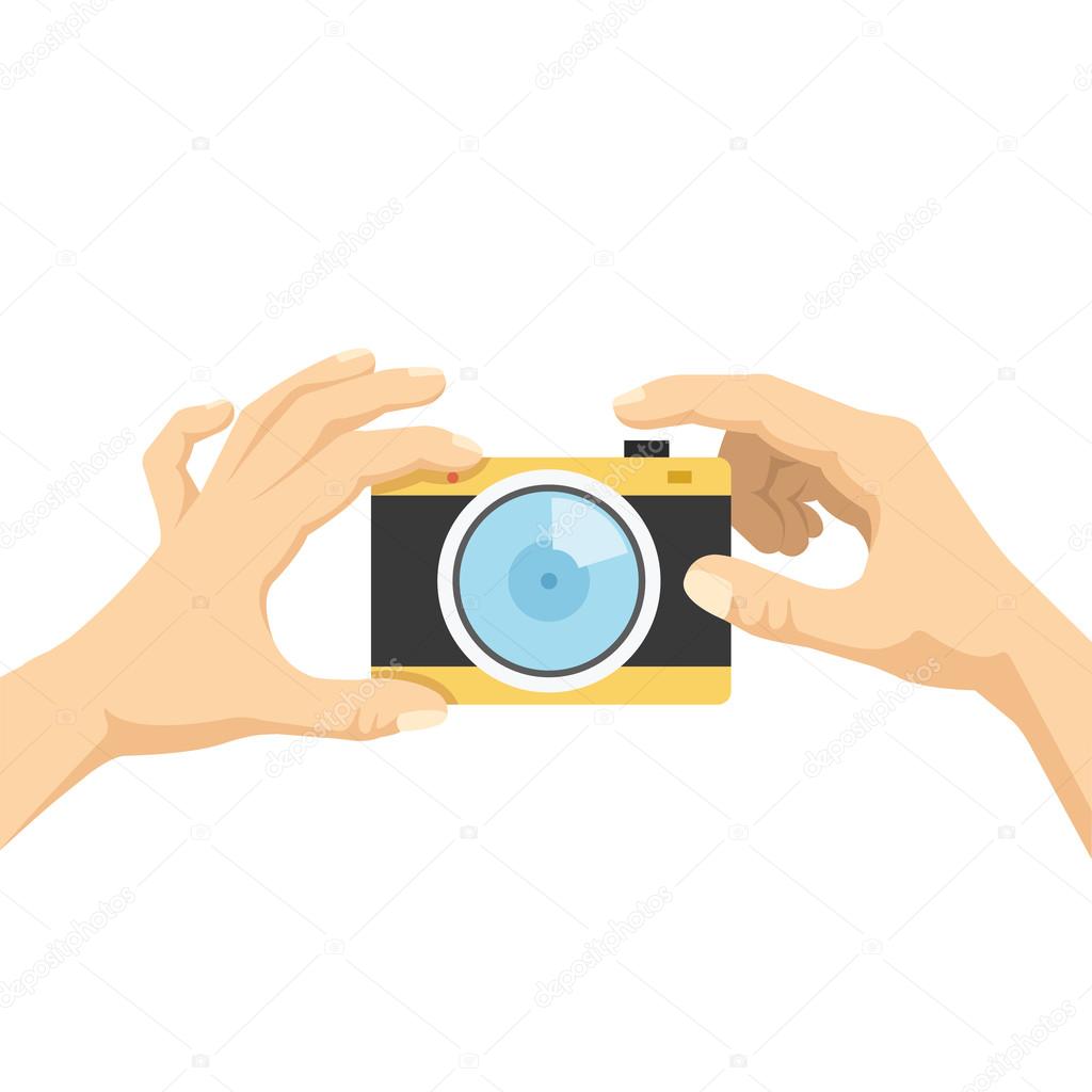 Hands hold camera and taking photo, selfie flat illustration concept