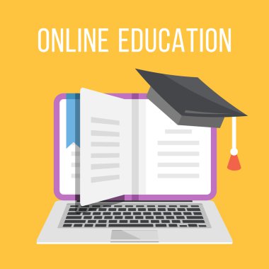 Online education flat illustration concept. Laptop with book and graduation cap clipart