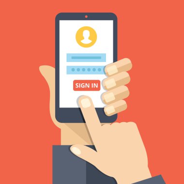 Smartphone ekranında sayfasında oturum açın. El tutma smartphone, parmak değmek düğme içinde oturum açın. Mobil hesap