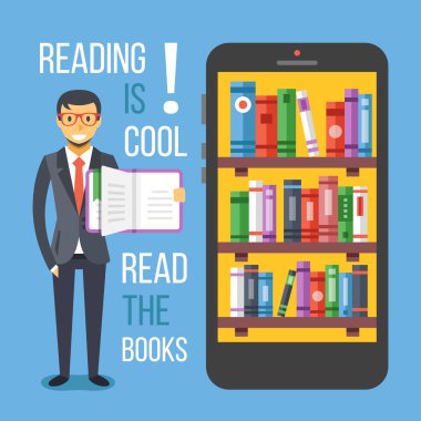 Kitap ve kitap rafı ile smartphone bir dakika dostum. Kitap kavramı okuyun