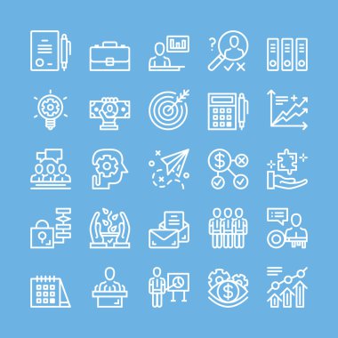 İnce çizgi Icons set iş, stratejisi, yönetim, takım çalışması, pazarlama, finans, planlama, vb için