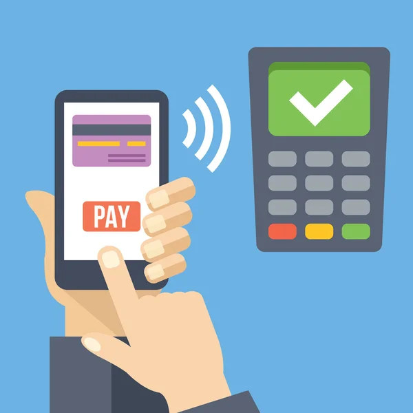 Kéz a smartphone segítségével a Mobil banking és mobil fizetési szolgáltatás — Stock Vector
