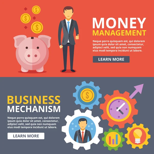 Gestão do dinheiro, mecanismo de negócios ilustração plana conjunto de conceitos abstratos — Vetor de Stock