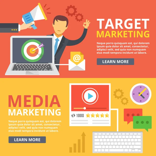 Target marketing, media marketing flat illustrazione concetti astratti impostati — Vettoriale Stock