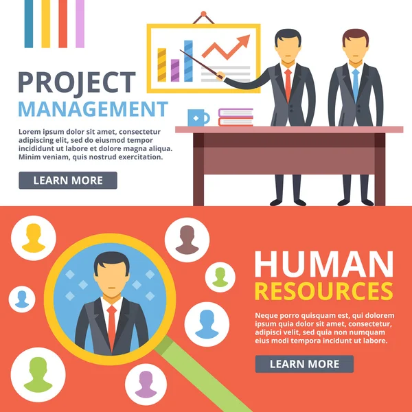 Gestión de proyectos, marketing digital, recursos humanos conjunto de ilustración plana — Vector de stock