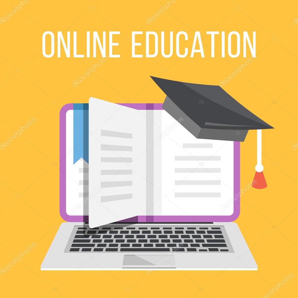 Online education flat illustration concept. Laptop with book and graduation cap
