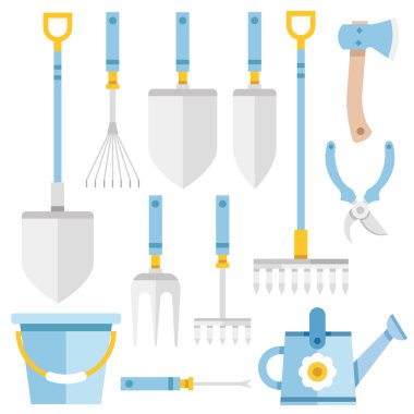 Öğeleri ve ekipman bahçe bahçe bahçecilik aletleri ayarlayın. Düz Icons set