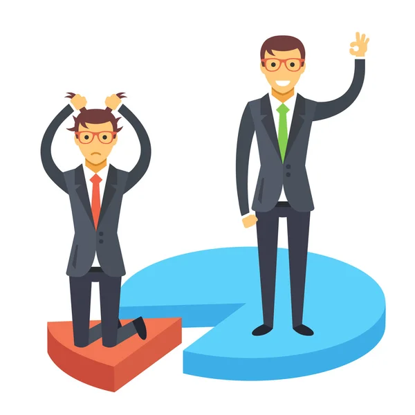 Happy and disappointed businessmen standing on chart pieces. Business success and failure. Flat illustration — Stock Vector