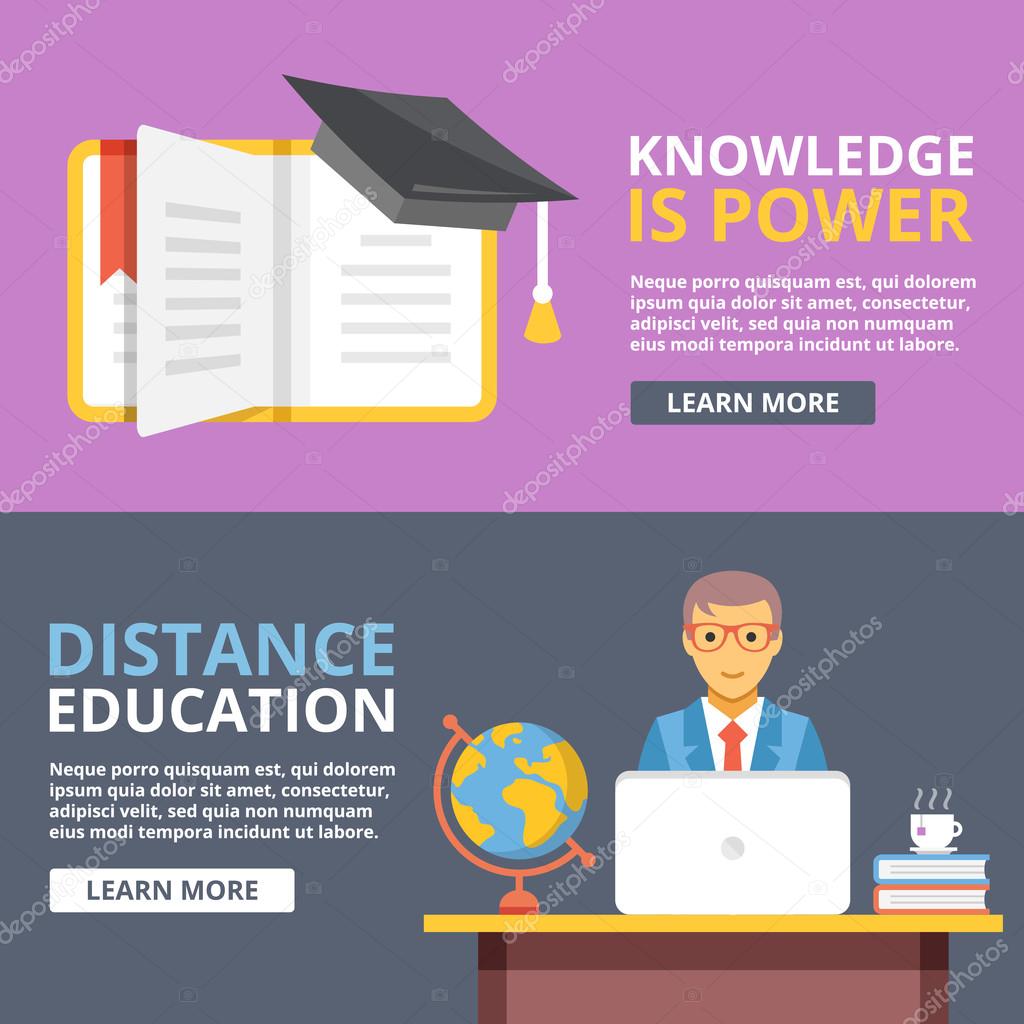 Knowledge is power, distance education flat illustration concepts set