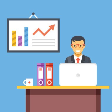 Ofis işi. Ofis çalışanı masa oda ofis içinde. Vektör düz çizim