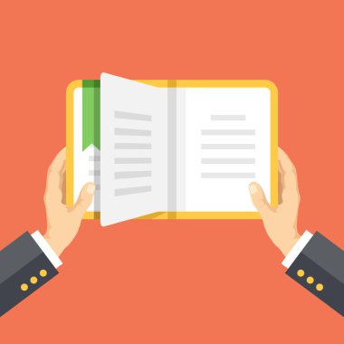 Kitap holding eller. Okuma kavramı. Vektör düz çizim
