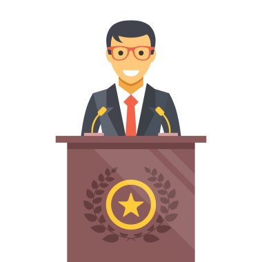 Speaker at podium. Man in suit standing at rostrum. Vector flat illustration
