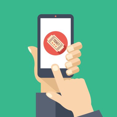 Tickets app on smartphone screen. Cinema tickets service. Creative flat design vector illustration