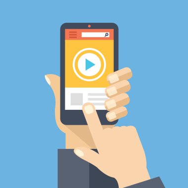 Video app on smartphone screen. Watch and share digital content. Flat design vector illustration