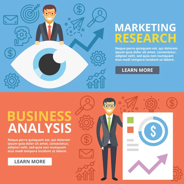 Marketing research, business analysis flat illustration web banners set. Creative vector illustration — ストックベクタ