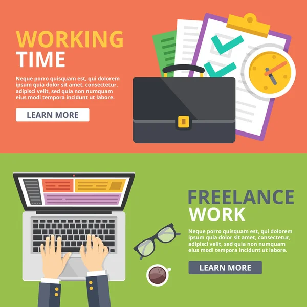 Working time, freelance work flat illustration concept set. Top view, front view web banners — 图库矢量图片