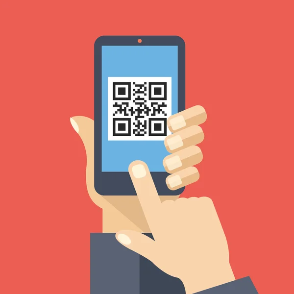 Aplicativo leitor de código QR na tela do smartphone. Digitalizar código QR. Desenho plano criativo ilustração vetorial — Vetor de Stock