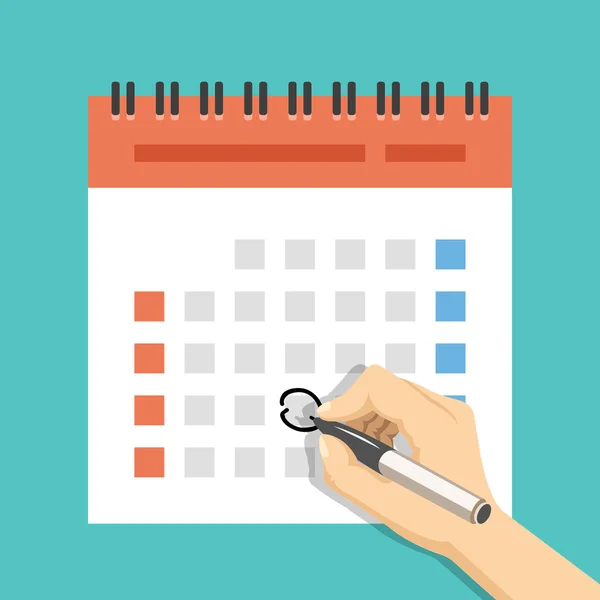 Hand with pen mark calendar. US version with week started on Sunday. Flat vector illustration — Stok Vektör