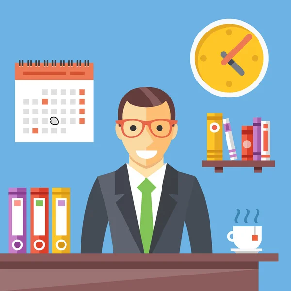 Office worker at work. Happy smiling man sitting at the desktop. Flat vector illustration — Stok Vektör