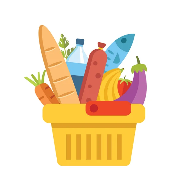 Supermarket basket with food. Colorful modern flat design vector illustration — Διανυσματικό Αρχείο