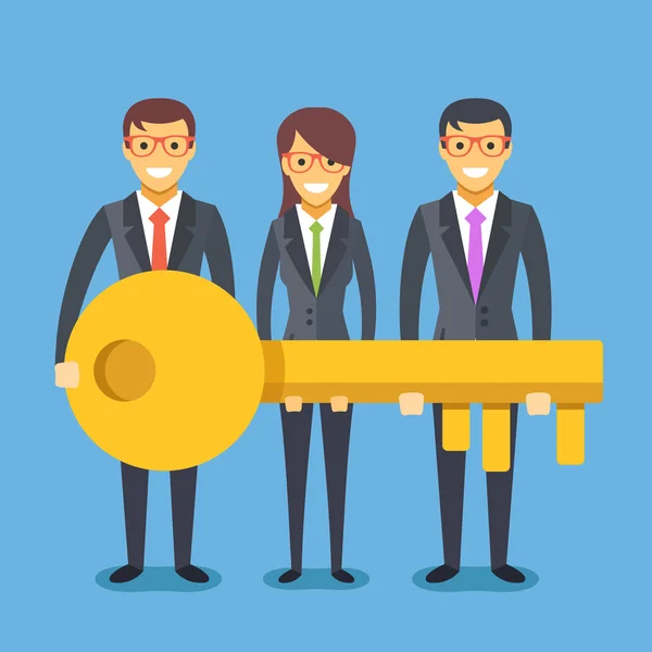 People in suit with key. Successful teamwork concept. Flat vector illustration — ストックベクタ