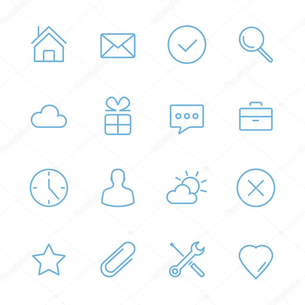 Vector blue flat line icons set. Minimal style design. Isolated on white background