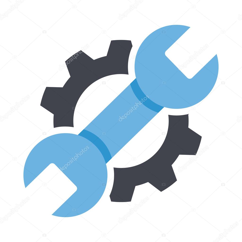 Repair service icon. Black cog and blue wrench icon concept. Repair logo