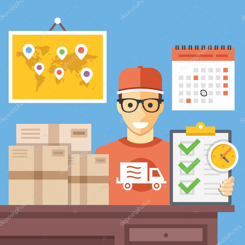 Delivery service office. Shipping company employee at work. Flat vector illustration