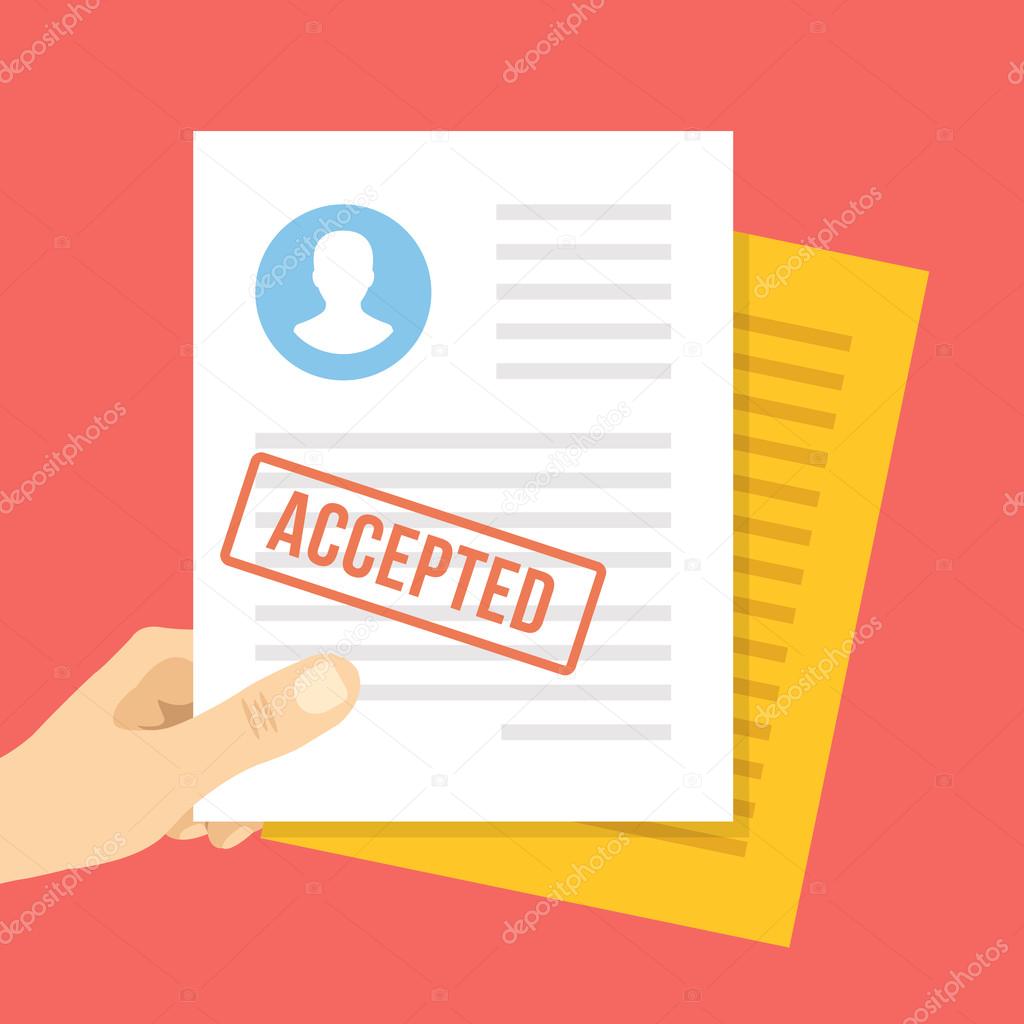 Job application approved. Hand holds job application with approval stamp on it. Flat vector illustration