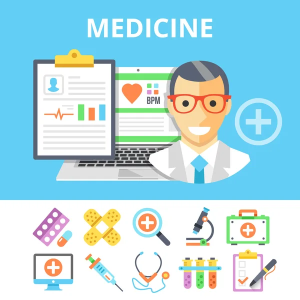Illustration plate de médecine et jeu d'icônes médicales plates colorées — Image vectorielle