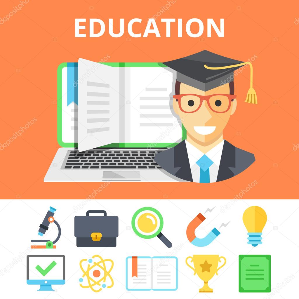 Education flat illustration and colorful flat education icons set