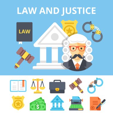 Hukuk ve adalet simgeler kümesi ve çocuk adalet sistemi düz illüstrasyon düz. Vektör çizim
