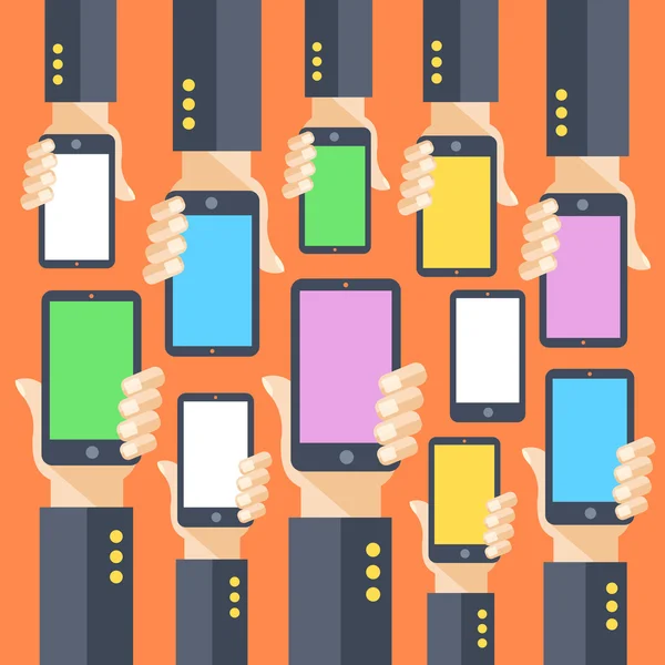 Handen en smartphones met kleurrijke schermen. Vectorillustratie — Stockvector