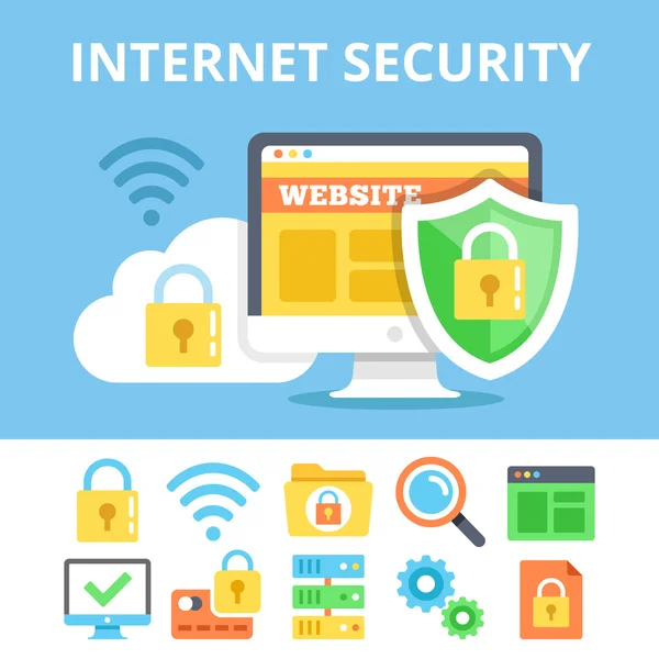 Internet security flat icons set and flat illustration. Modern vector illustration — Stock Vector