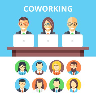 Düz şekil ve düz avatar simgeleri coworking ayarla